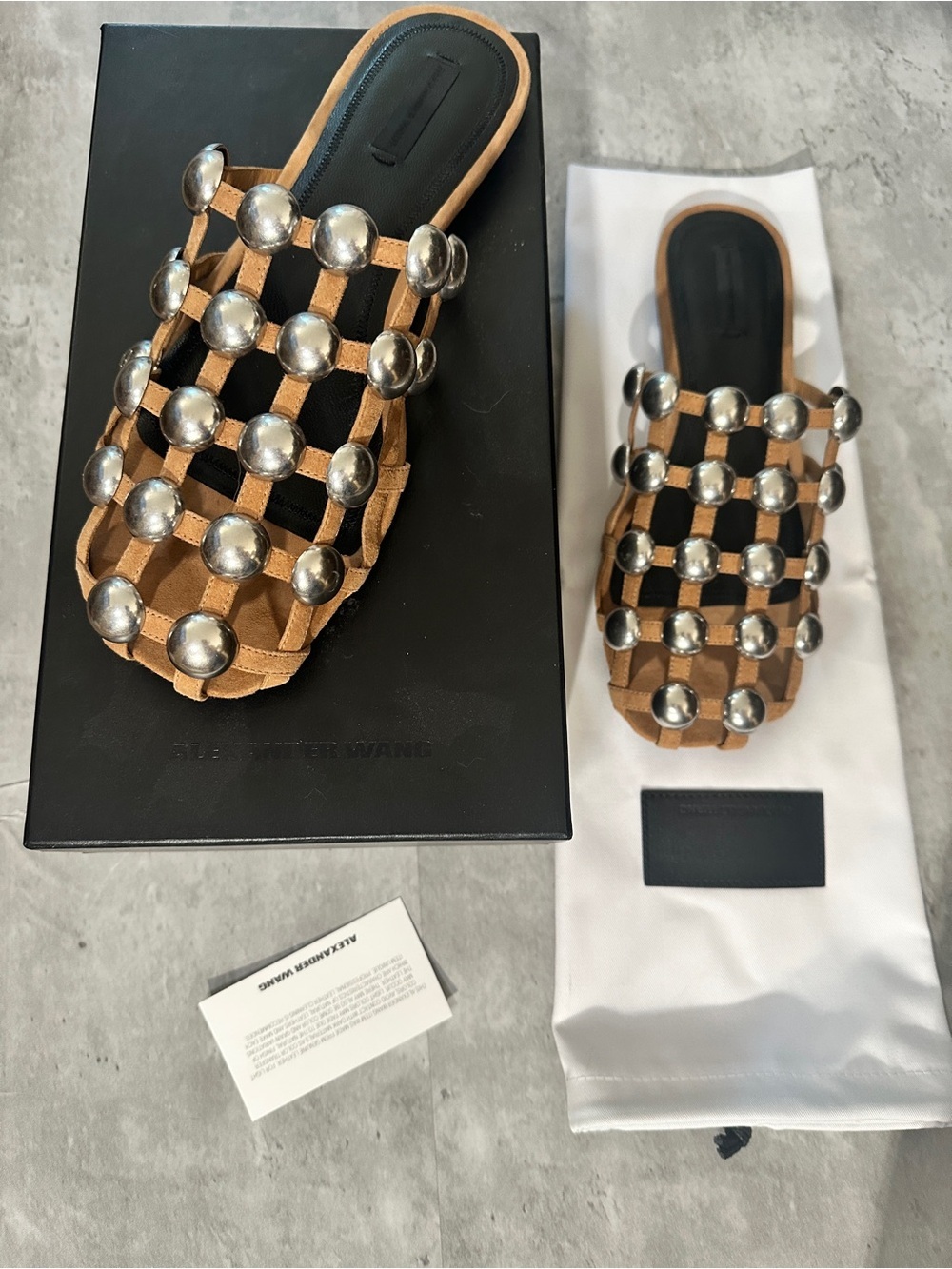NIB Alexander Wang Tan Clay Amelia suede Slide Sandals with Silver Studs - Picture 2 of 7